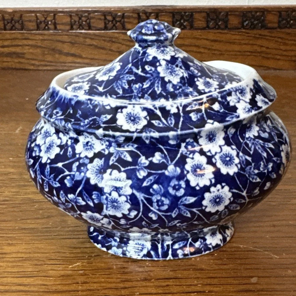 Vtg Royal Crownford Staffordshire Calico Blue Chintz Sugar Bowl & Creamer Set